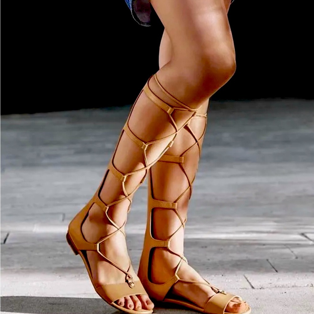 Michael Kors Sofia Sun Tan Brown Gladiator Open Toe Lace Up Back Zip Sandals 7.5